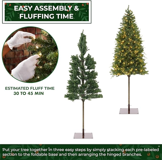 Casafield 6.5FT Pre-Lit Realistic Pencil Alpine Fir Artificial Holiday Christmas Tree with LED Lights and Metal Stand