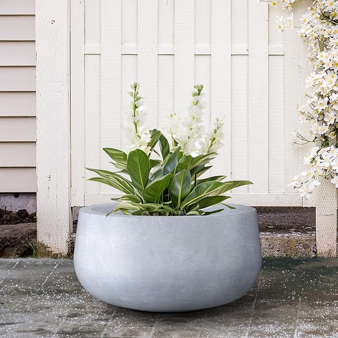 Kante 15.7" Dia Round Concrete Planter, Outdoor Indoor Garden Plant Pots with Drainage Hole and Rubber Plug, Modern Curvaceous Design, Slate Gray