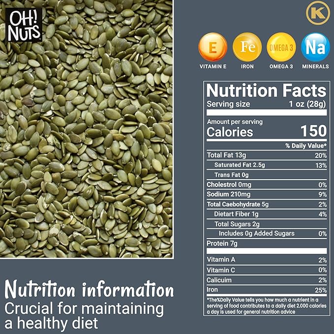 Oh! Nuts Pumpkin Seeds - Dry Roasted Salted - 2 lb - Shelled and Sprouted Pepitas - Packed in New York Zip-Seal Bag for Exceptional Freshness