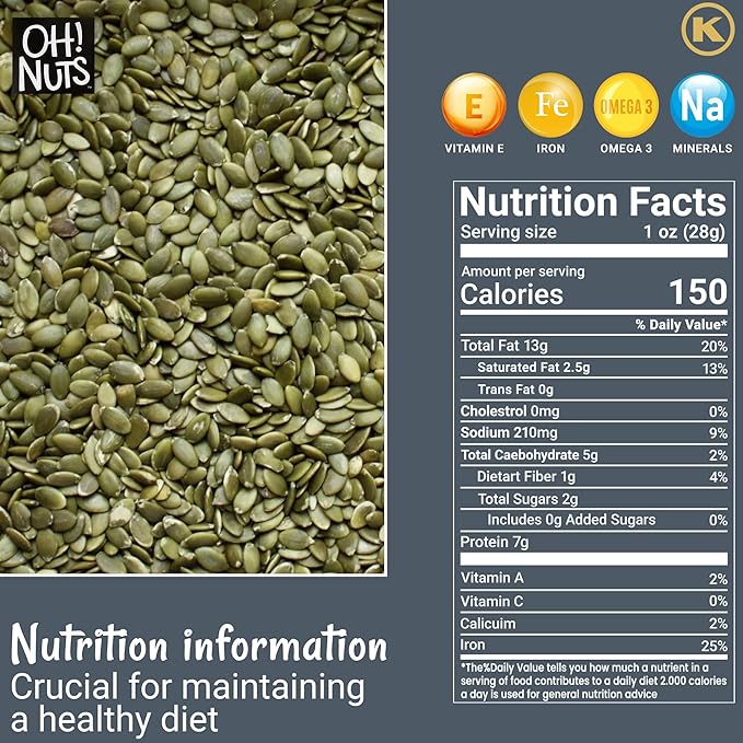 Oh! Nuts Pumpkin Seed Roasted & Salted - 5 lb Bulk Bag - No Shell Pumpkin Seeds - Roasted Seeds - Pepitas Snack Packed Fresh