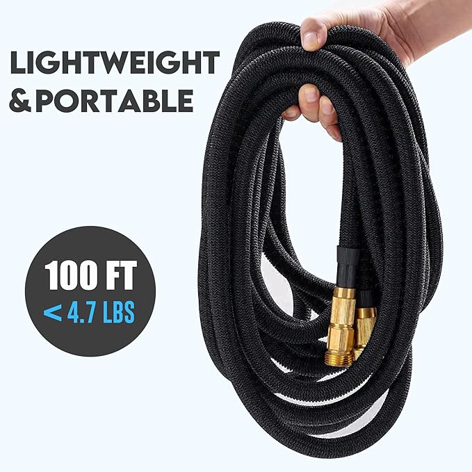 Expandable Garden Hose 100 ft with 10 Function Nozzle Sprayer, Lightweight Flexible Water Hose with Durable Collapsible Latex Core & Solid Brass Fittings, 100ft Retractable Stretch Hose, Black