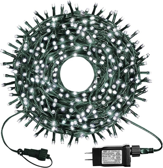 kemooie 300 LED Outdoor Christmas Lights, 99FT 8 Lighting Modes Plug in Green Wire Fairy Lights for Indoor Outdoor Christmas Tree Lights Wedding Party Decoration (White)