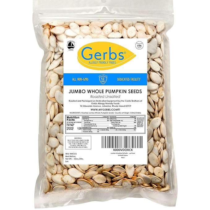Gerbs Roasted Unsalted Jumbo Whole Pumpkin Seeds 2 lbs. | Small Batch, In-Shell, 13-14 mm Size, Resealable Bag | Naturally Crunchy & Mild | Top 14 Allergen-Free