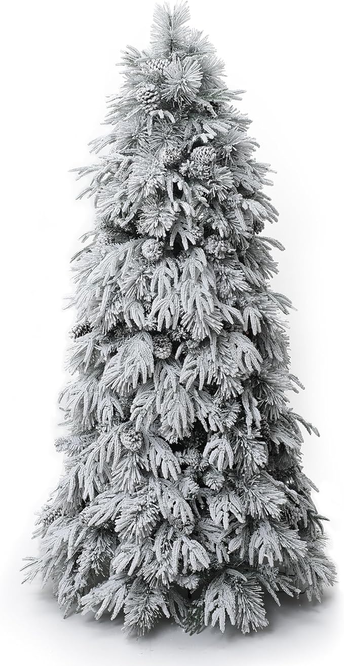LuxenHome 7FT Flocked Artificial Christmas Tree, Downswept Branches Prelit Christmas Tree Flocked with Feather Accents, Pinecone and 350 LED Lights, 2516 PE+PVC Tips, Xmas Tree Holiday Decor