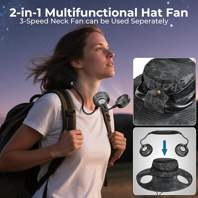 AMACOOL 2-in-1 Hands-Free Hat Fan with Detachable Neck Fan, UPF 50+ Wide Brim Sun Hat, 3-Speed Adjustable, 2600mAh Rechargeable Fishing Essentials for Men Women Camping Travel Delivery Outdoor-Camo