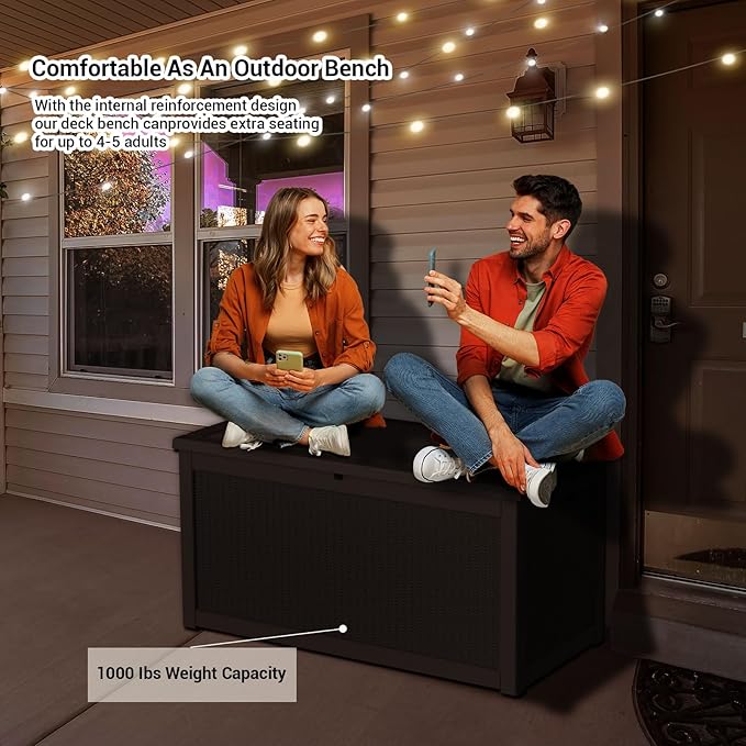 DRATO 260 Gallon Deck Box, Outdoor Large Waterproof Resin Storage Box with Lockable Lid for Patio Cushions, Gardening Tools, Black