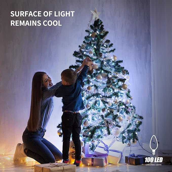 WATERGLIDE C6 Christmas Lights, 33ft 100 LED Faceted String Lights Green Wire Fairy Lights with 29V Safe Adaptor, 8 Lighting Mode, Waterproof for Indoor Outdoor Patio Xmas Tree Party Decor, Cool White