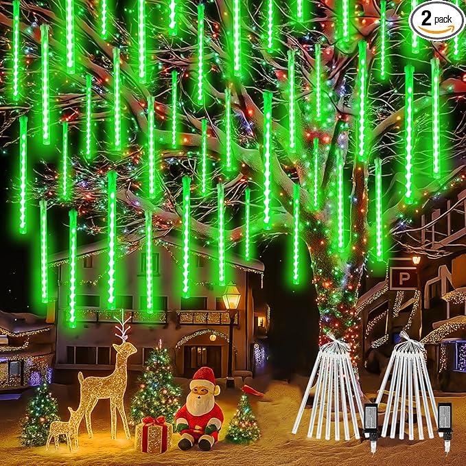 2-Pack Christmas Lights Outdoor, Extendable Meteor Shower Lights 16 Tubes 384 LEDs Indoor Outdoor, Waterproof Falling Rain String Lights with Timer for Christmas Decor Tree Roof Garden Patio(Green)
