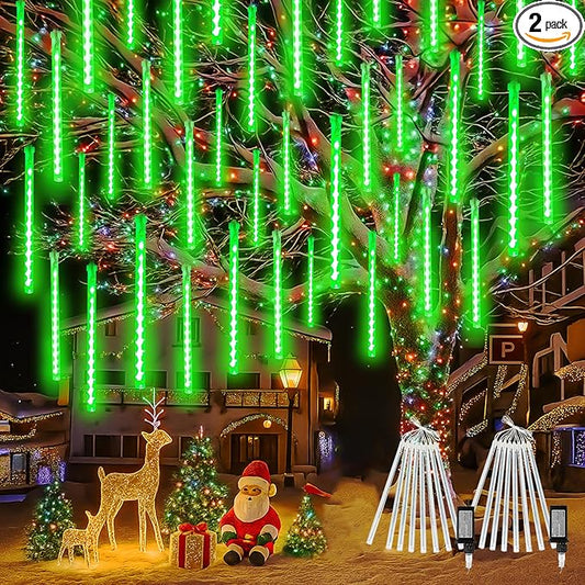 2-Pack Christmas Lights Outdoor, Extendable Meteor Shower Lights 16 Tubes 384 LEDs Indoor Outdoor, Waterproof Falling Rain String Lights with Timer for Christmas Decor Tree Roof Garden Patio(Green)