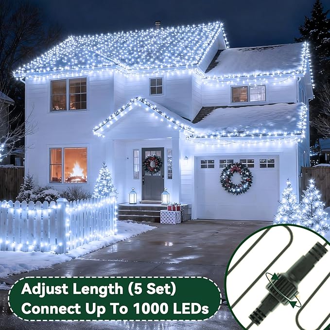 Christmas Lights Indoor Outdoor Waterproof, 66FT 200 LED 8 Modes Cool White Light String Lights for House Decorations, Ideal for Christmas Trees, Wedding, and Party