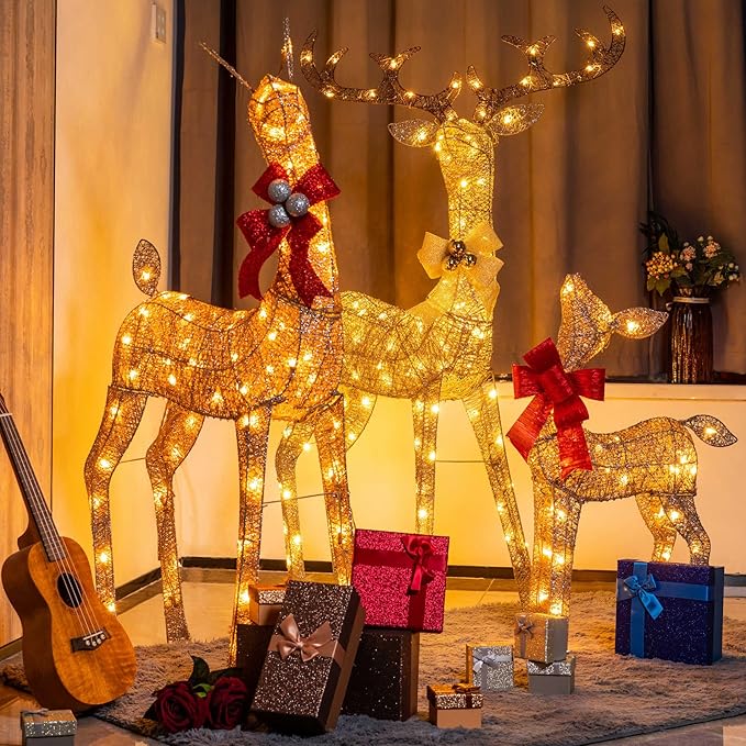 YULETIME 3-Piece Pre-Lit 3D Christmas Reindeer Family, Lighted Glitter Deer Holiday Decoration With Warm White LED Lights