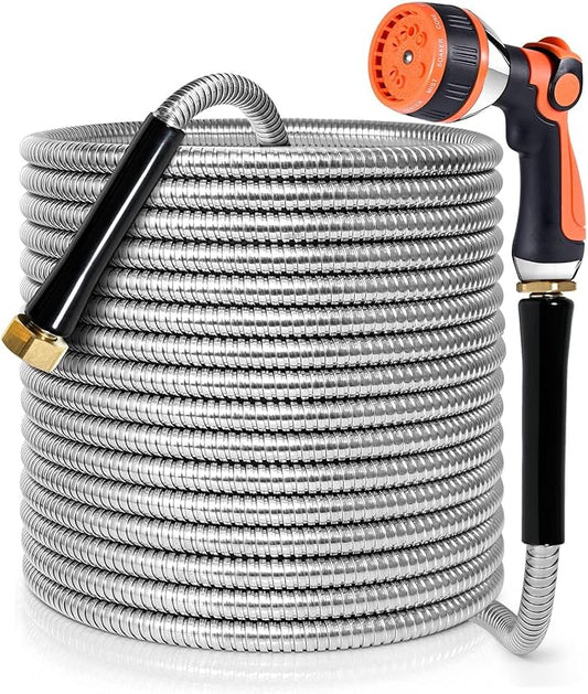 YAMATIC 100FT Stainless Steel Garden Hose with 10 Pattern Spray Nozzle, Heavy Duty Metal Water Hose, Kink-Free, Rust Resistant Hose for Yard, Lawn, RV, Outdoor
