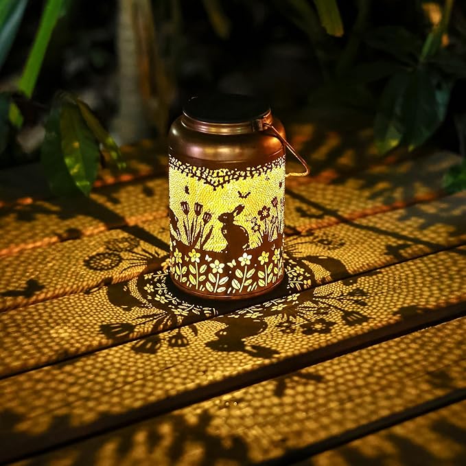 Rabbit Solar Lanterns Outdoor Waterproof Hanging Bunny Solar Lights Metal Decoration Outside for Yard,Patio,Porch, Pathway, Lawn, Garden Decor Lantern Birthday Gifts for Women Mom Grandma