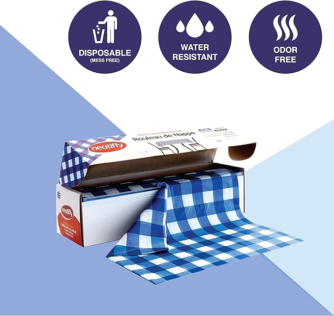 Neatiffy Disposable Plastic Table Cloth Roll | 54 in x 108 Ft Waterproof Tablecloth | Table Cover for Rectangle, Square, Round Oval Tables | Picnic, Party, Banquet, Birthdays, Weddings - Blue Gingham