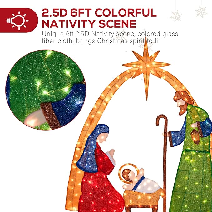 Hykolity 6FT 2.5D Nativity Scene Lighted Outdoor Christmas Decoration, 210 Warm White LEDs with Outdoor Transformer, Stained-Glass Fabric Figures & 5ft Pull Cord, Yard Decor