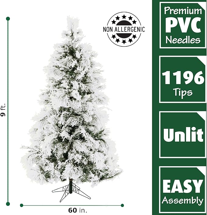 Fraser Hill Farm 9-Feet Unlit Snow Flocked Snowy Pine Artificial Christmas Tree, Full Silhouette, Realistic Foliage, Stand Included, Holiday Decor for Home and Office