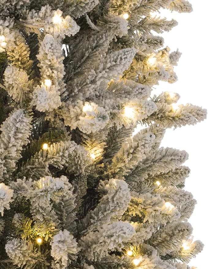 Glitzhome 9ft Pre-Lit Artificial Christmas Tree, Snowy Splendor Fir Hinged Holiday Christmas Tree Flocked Pencil Xmas Tree with 600 Warm White Lights for Home, Office, Party Decoration