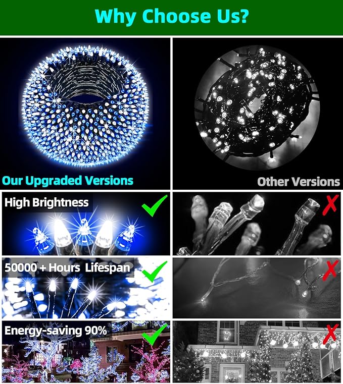 750 LED 240FT Christmas Lights Outdoor,12 Lighting Modes Christmas String Lights with Timer, Dimmable Blue Cool White LED StringLights Waterproof for Yard Wedding Party Holiday Decor Blue&CoolWhite