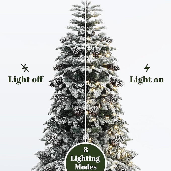 LuxenHome 7FT Christmas Tree with Lights, Flocked Artificial Christmas Tree with 8 Lighting Functions, 330 LED Lights, Pine Cone, Prelit Xmas Trees for Indoor and Outdoor Holiday Decor