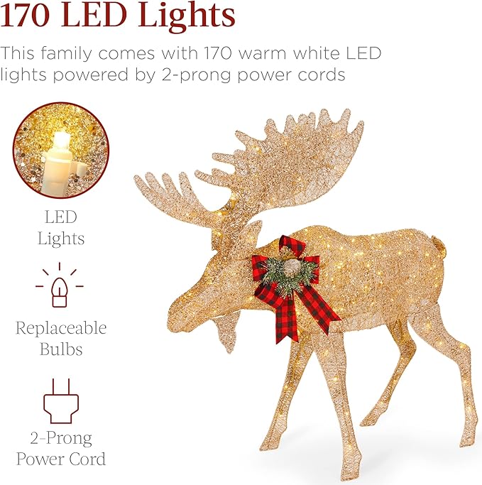 Best Choice Products 2-Piece Moose Family, Lighted Outdoor All-Weather Christmas Yard Decoration Light-Up Décor Set w/ 170 LED Lights, Ground Stakes, Zip Ties - Gold