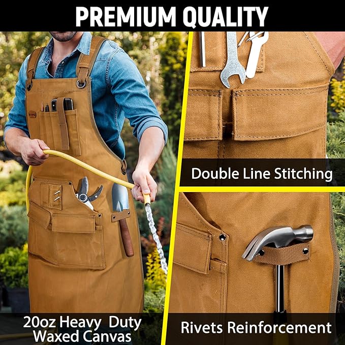 Woodworking Apron for Men, Shop Apron 20 oz Canvas Work Apron with 9 Tool Pockets, Heavy Duty Wood Working Workshop Bib Apron for Carpenter Woodworker Blacksmith, Men Gift, Adjustable to S- 3XL, Khaki