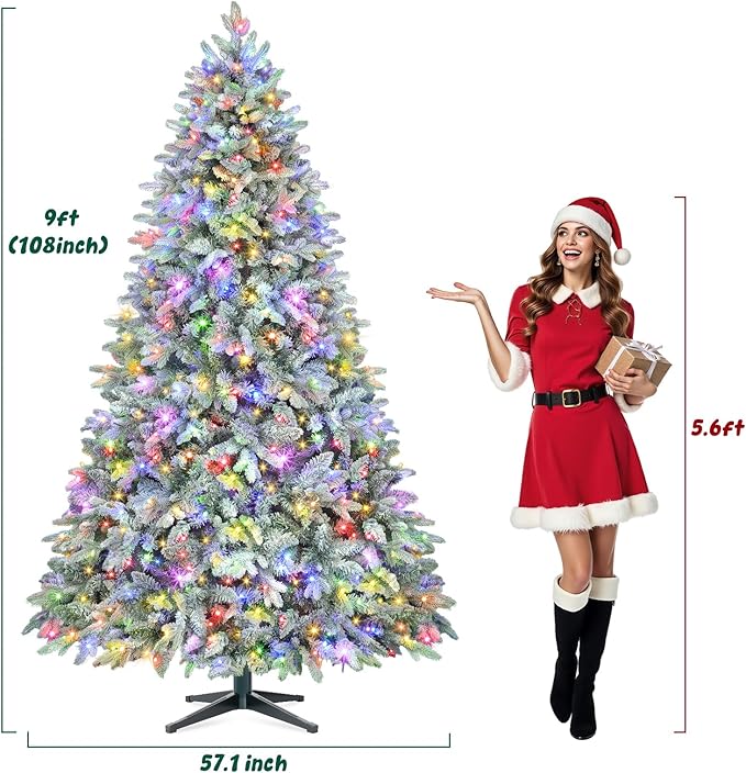 Thalassophile 6.5ft Pre-Lit Flocked Christmas Tree with Rotating Stand, Prelit Rotating Artificial Hinged Xmas Tree with Remote, 340 Lights Warm White & Multi Color, 1036 Branch Tips, Snow Flocked