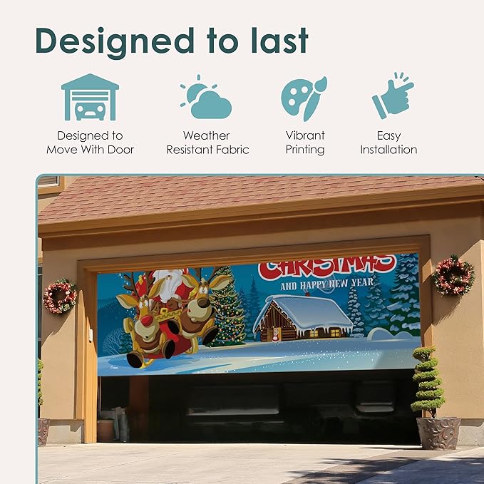 7' x 16' Santa’s Merry Takeoff Christmas Garage Door Banner - Designed to Move with Door | Magical Festive Double Garage Door Decoration