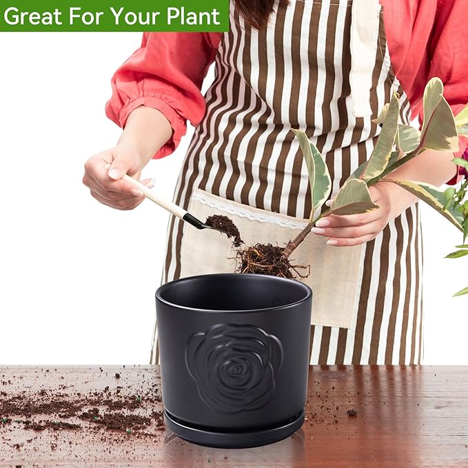 Ekirlin 7 inch Flower Plant Pot Indoor - Ceramic Garden Planters, Modern Rose Pattern Plant Pots with Drain Hole Saucer, Weatherproof Decorative Pot for Home, Office & Outdoor (Black)