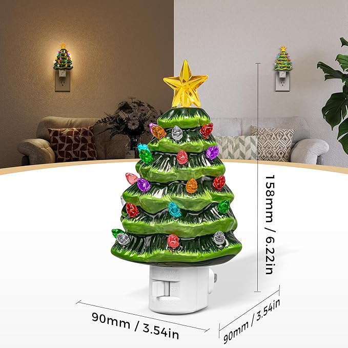 DORESshop Christmas Tree Night Light, 3000K Night Lights Plug into Wall, Cute & Funny Ceramic Christmas Decor Night Light for Kids, Plug in Nightlight with 360° Rotatable, Holiday Party Decor, 2 pack