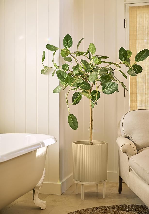 Veradek Demi Series Round Planter w/Stand for Porch/Patio | Durable Plastic-Stone Composite & Wooden Stand | Modern Décor for Tall Plants, Flowers