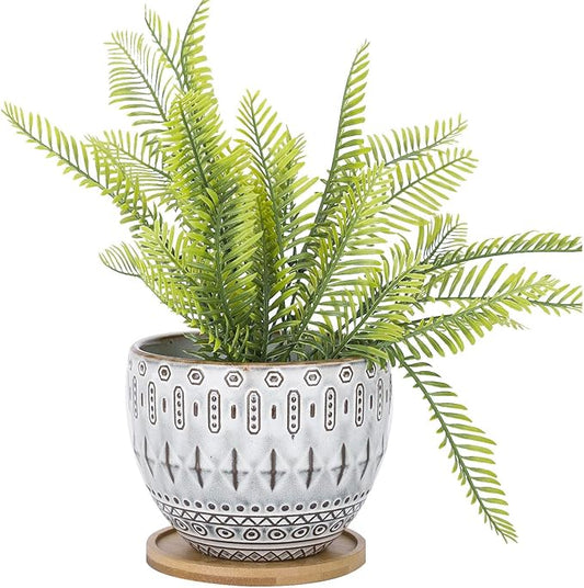 VanEnjoy 5.5 inch Large Round Bohemian Style Ceramic Planter, Geometry Engrave Off White Brown Succulent Planter Flower Pot, Indoor Outdoor Decorative Planter