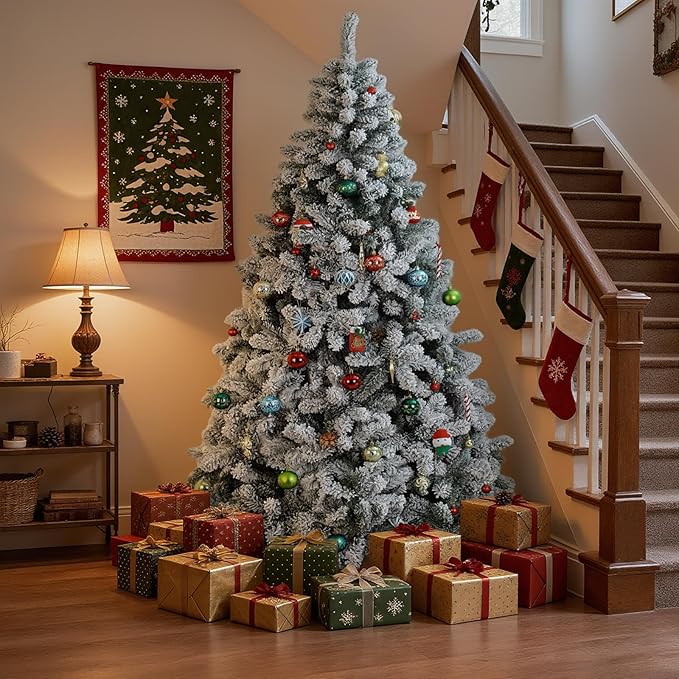 Beyond 6FT Snow Flocked Artificial Full Christmas Tree, Hinged Spruce Christmas Tree with 1100 Branch Tips, Xmas Tree with Metal Stand for Home, Party Decoration, White