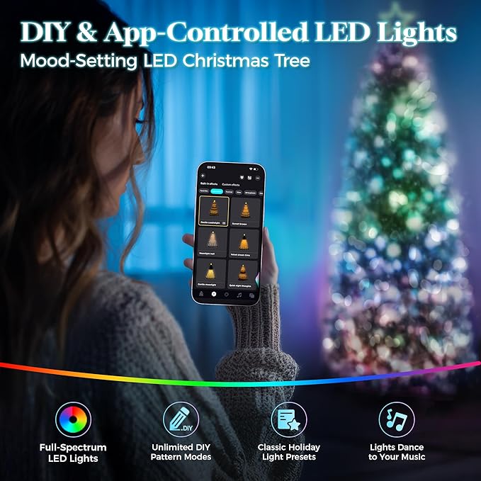 HOLLO STAR 6 ft Flocked Prelit Christmas Tree with 250 LED Lights, App Control, Skinny Artificial Pencil Christmas Tree, Multi-Color RGBW Lights, 770 Branch Tips, for Small Space, Home, Party