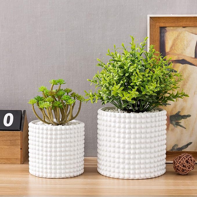 MyGift 6 Inch Ceramic Round Planter Pot, Set of 2 Vintage-Style White Ceramic Flower Pots, Indoor Hobnail Textured Cylindrical Succulent Plant Containers