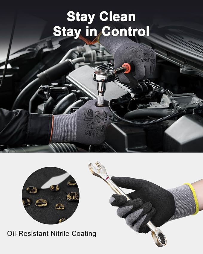 DULFINE Work Gloves for Men & Women,6 Pairs Pack,Touchscreen MicroFoam Nitrile,Ideal for General Purpose,Home Improvement