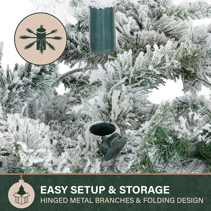 Fraser Hill Farm 6.5-Ft Slim Mountain Pine Flocked Artificial Christmas Tree with Stand, Unlit Foldable Skinny Fake Tree with Realistic Snowy Foliage, Holiday Décor Greenery for Winter Decoration