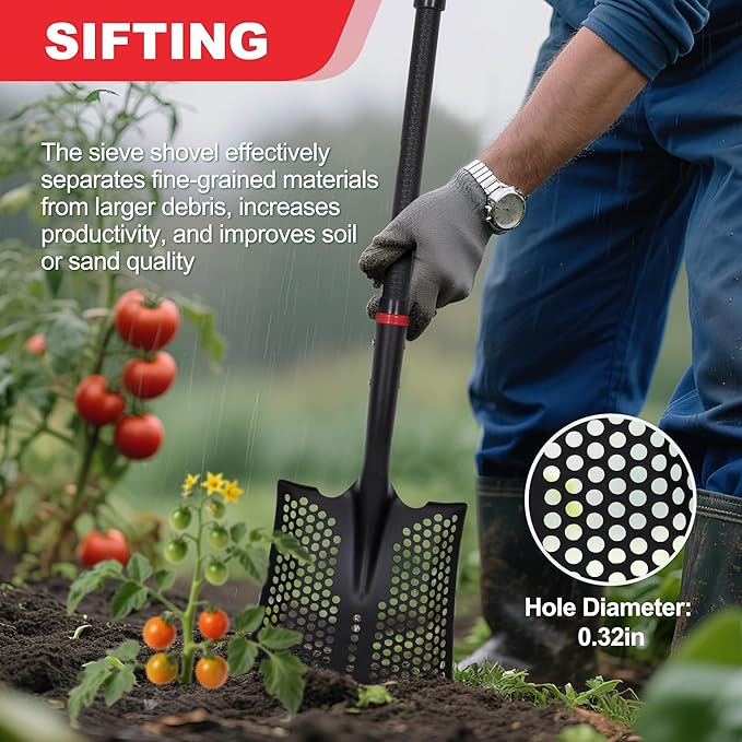 SHARK ATTACK Heavy Duty Sifting Shovel, 45 Inch Powder Coated Steel Mesh Shovel with D-Grip Handle for Beach, Soil & Chicken Coop, Farm Goat Stall Sand Poop Cleaning