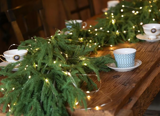 MISSPIN 14ft Christmas Garland with LED Lights, Real Touch Norfolk Pine Garland, Green Artificial Greenery Garland for Table, Mantle, String Light, Wall, Indoor, Outdoor Christmas Decorations