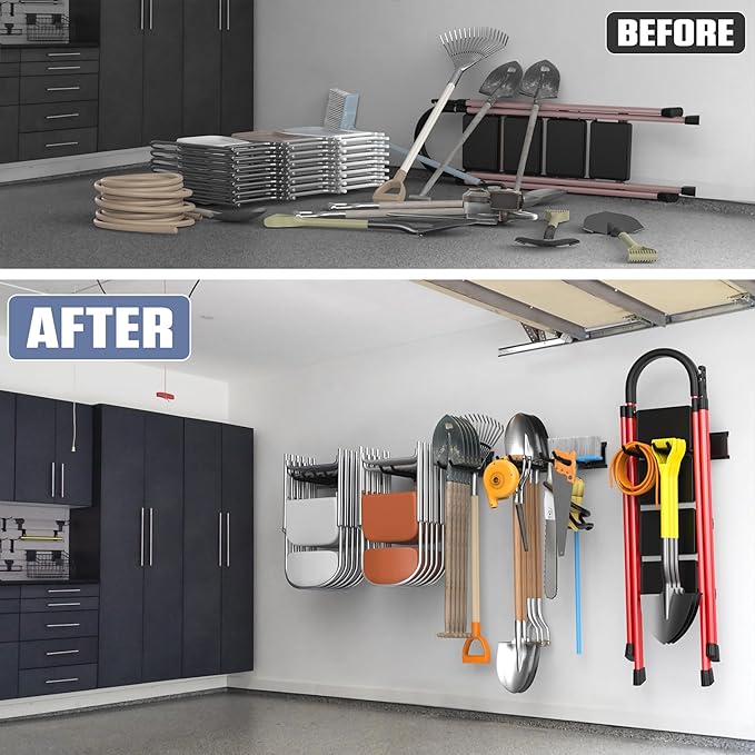 WALMANN Wall Mounted Garden Tool Organizer for Garage, Heavy Duty Folding Chair Storage Rack, 11-Inch Tools Storage Hooks for Shovels, Rakes, Ladders, Hold Up to 400 lbs