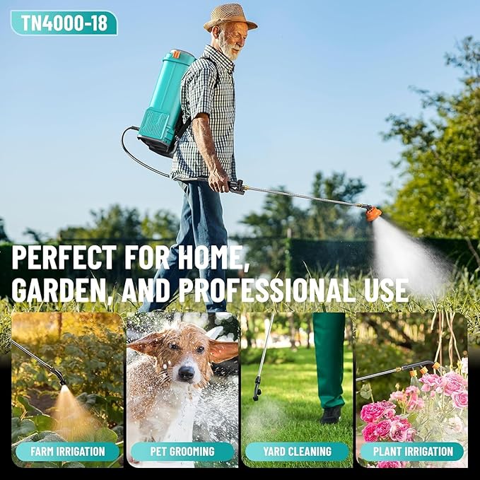 Backpack Sprayer 4 Gallon Battery Powered Electric - 2 * 2000mAh Battery Lawn Sprayer 100PSI Adjustable Pressure with 2 Wands, 6 Nozzles, Lawn Yard Weed Battery Sprayer for Garden