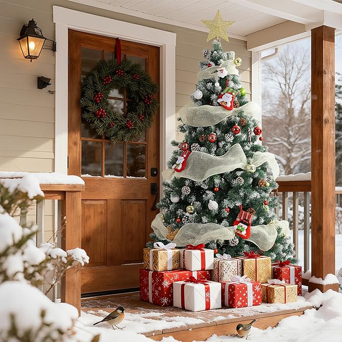 Beyond Prelit 7FT Artificial Christmas Tree with 250 LED Warm White Lights, Hinged Green Christmas Tree with 1100 Branch Tips and Pinecone, Xmas Tree with Metal Stand for Home, Party Decoration, Green