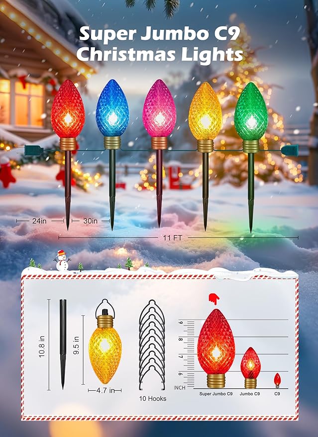 Minetom 2 Pack 11Feet 5 LED Super Jumbo Christmas String Lights, Outdoor Christmas Pathway Lights- Strawberry Jumbo C9 Hanging Lights Waterproof Lawn Decorations for Holiday Tree Roof