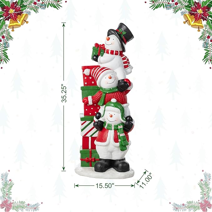 Glitzhome Christmas Front Porch Decor, Resin Stacked Snowman Xmas Porch Sign Decoration for Indoor Outdoor Patio Standing Decor, 35.25" H