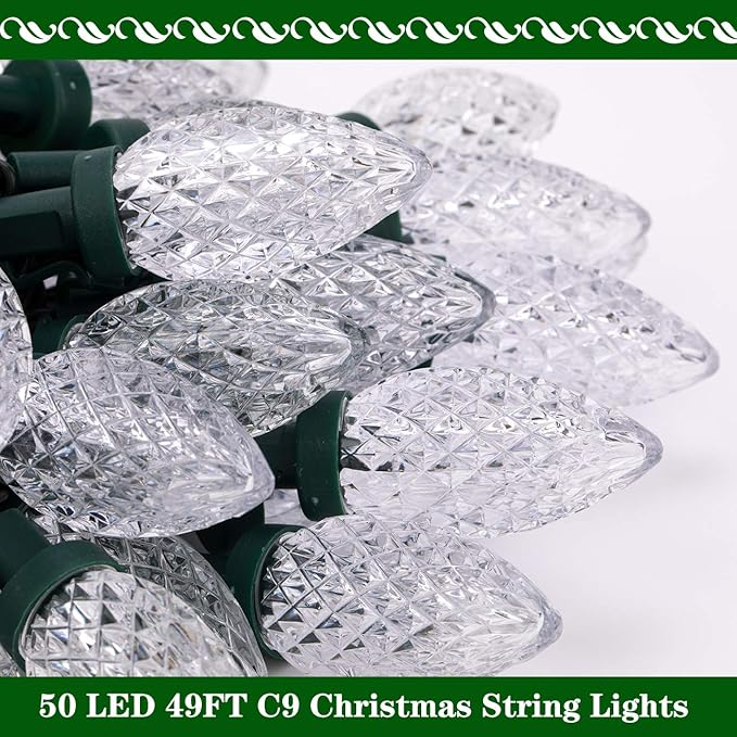 AWQ 50LED 49 FT C9 Christmas String Lights Plug in Fairy Twinkle String Lights 8 Modes Timer Function Waterproof Extendable for Indoor Outdoor Wedding Party Christmas Decoration (50, White)