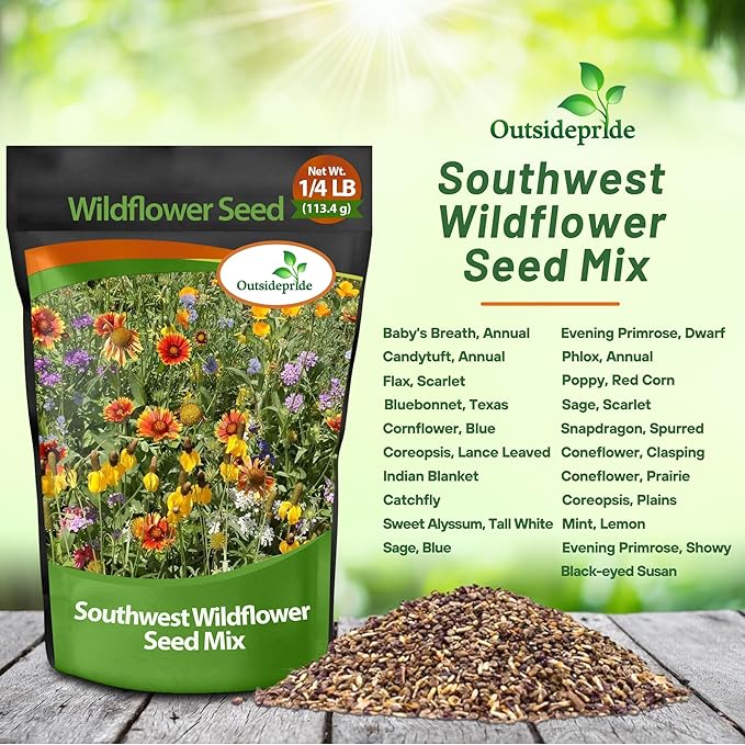 Outsidepride Southwest Wild Flower Seed Mix - 1/4 lb. Heat & Drought Tolerant Premium Blend of Annual & Perennial Wildflower Seeds for Planting on Outdoor Lawns & Gardens from Spring to Fall
