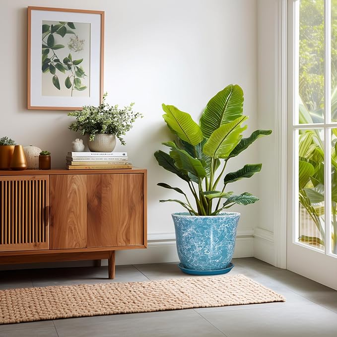 12 Inch Pots for Plants - Ceramic Planter with Drainage Hole and Saucer, Round Large Plant Pot for Indoor Outdoor, Modern Decorative Planters, Home Apartment Decor, House Warming Gift, Blue