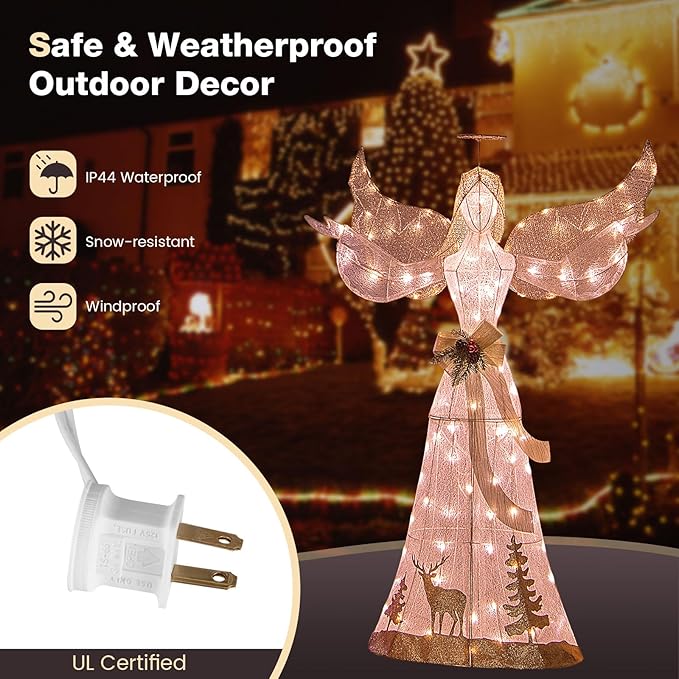 Tangkula 5 FT Lighted Christmas Angel, Outdoor Pre-lit 3D Glittered Angel with 100 Warm White Lights, Halo, Bow, Ground Stakes, Outdoor Christmas Decoration for Lawn Yard Garden