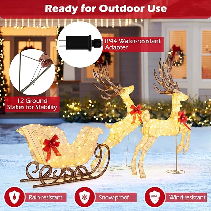 Tangkula 3-Piece Christmas Lighted Reindeer & Sleigh Set, 7 FT Lighted Xmas Holiday Outdoor Yard Decoration Set with Ground Stakes, Indoor & Outdoor Holiday Yard Display for Lawn, Garden