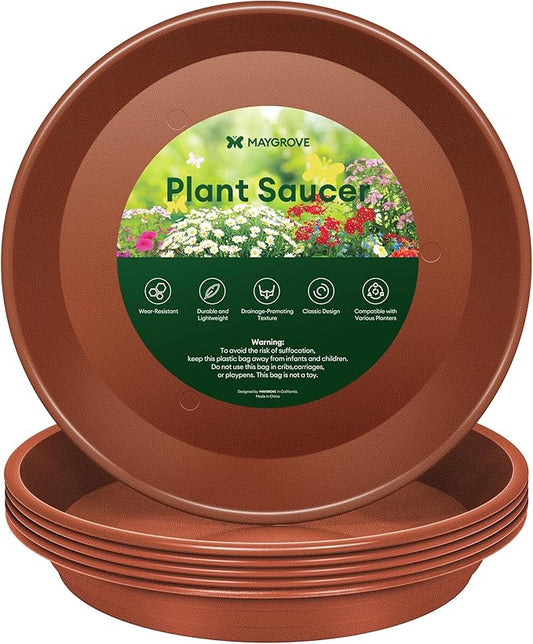6 Pack Plant Saucer, 8 10 12 inch Plant Saucers for Indoor, Heavy Duty Plastic Plant Trays for pots, Grow Bags, Bird Baths, Flower Drip Trays for Indoor and Outdoor Uses (8", Brown)