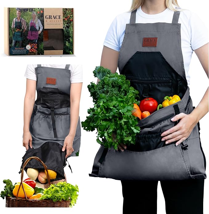 Gardening Apron with Pockets for Women & Men - Garden Apron 7 Pockets & Internal Drawstring Bag - Great Gift